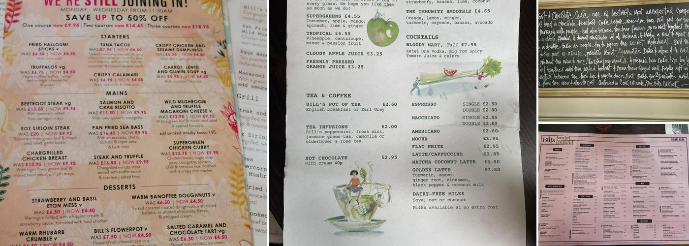 Bill's Birmingham Restaurant Menu