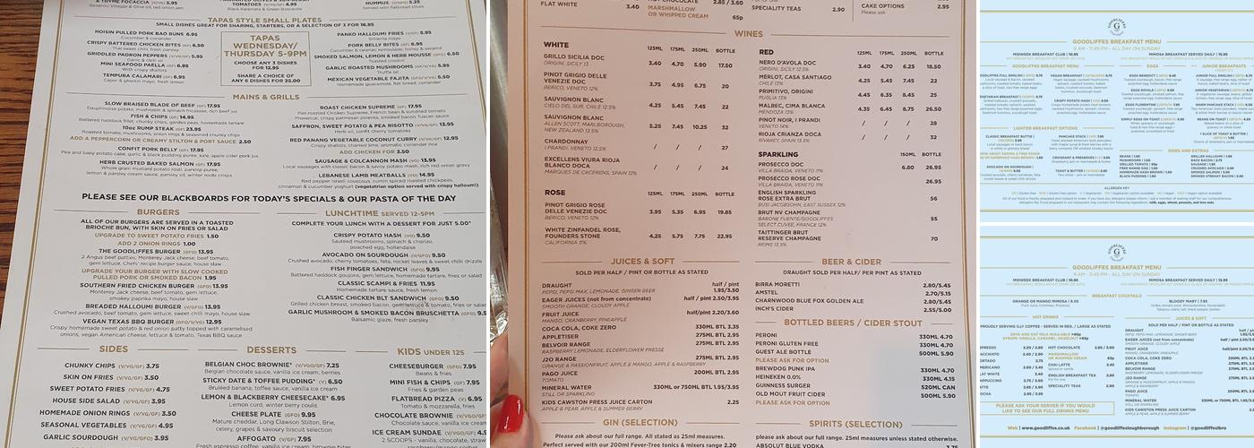 Goodliffes Bar Menu
