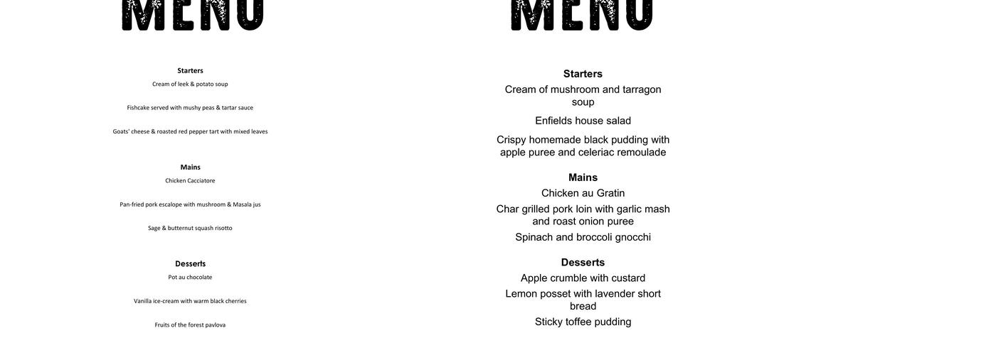 Enfields Kitchen Menu