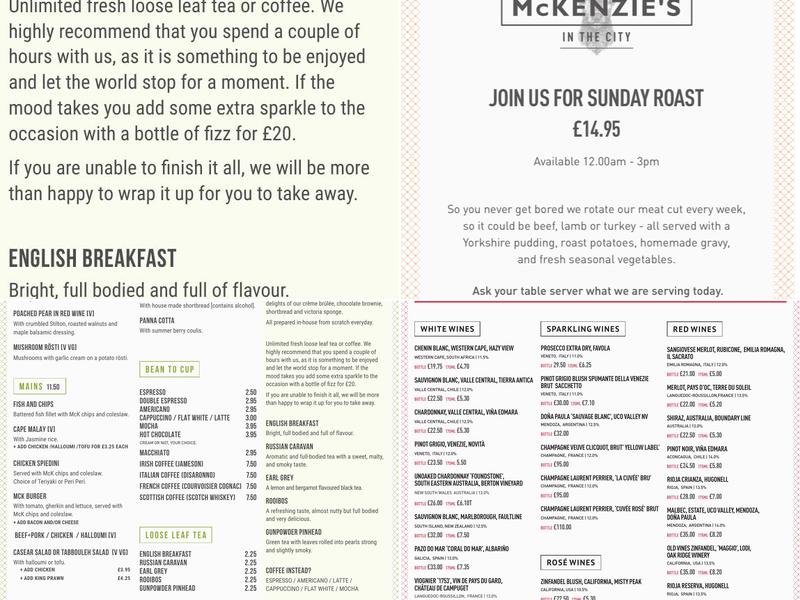 In the City Lichfield Menu