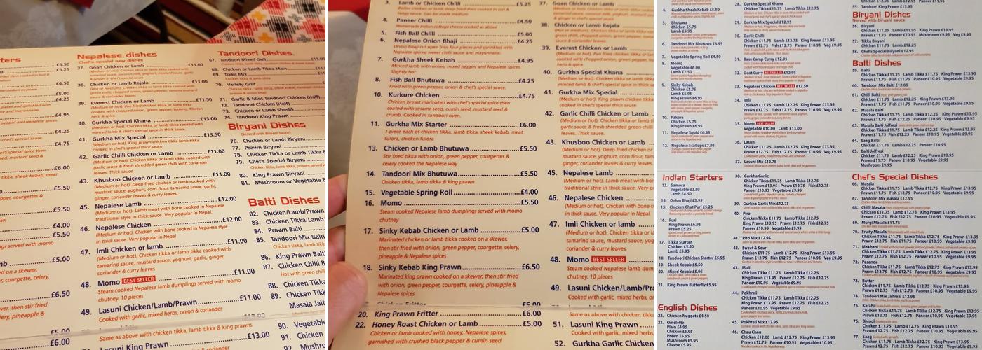 Gurkha's Diner Menu