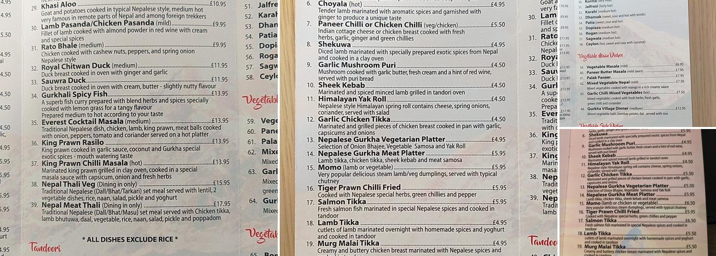 Gurkha's Inn Menu