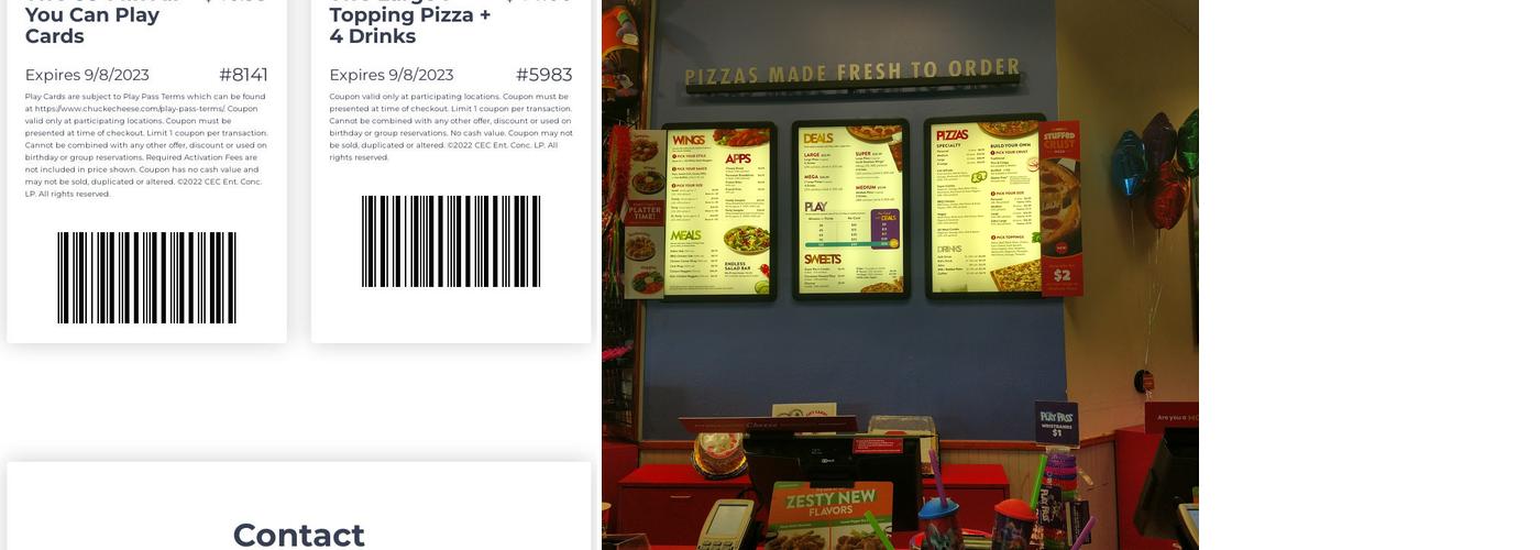 Chuck E. Cheese Menu