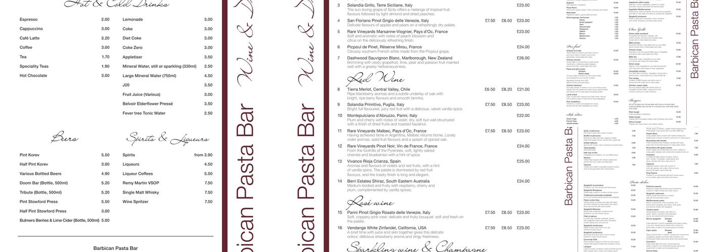 Barbican Pasta Bar Menu