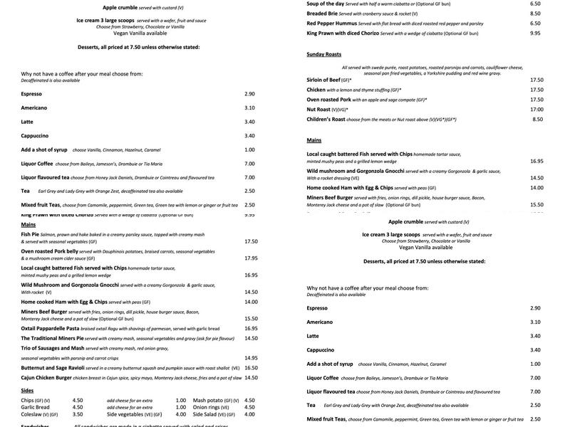 The Miners Arms Menu