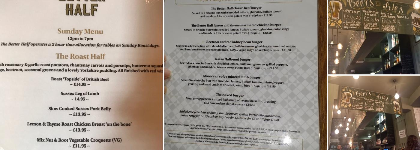 The Better Half Pub Menu