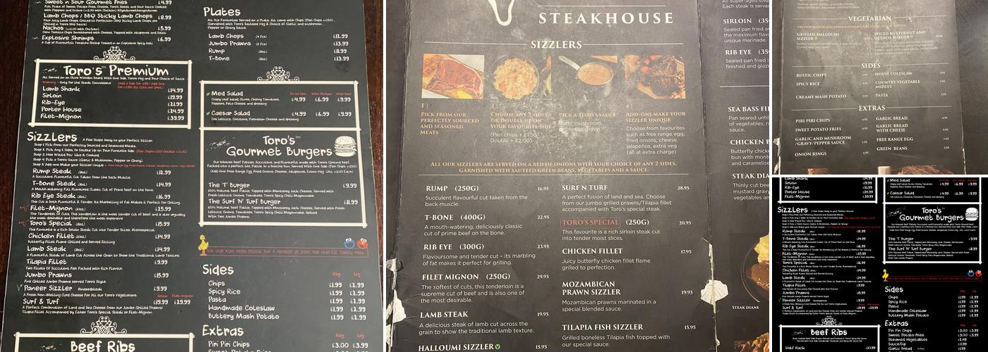 Toro’s Steakhouse Menu