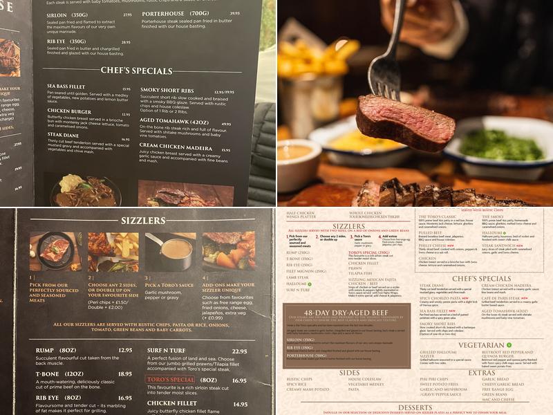 Toro's Steakhouse Manchester Menu