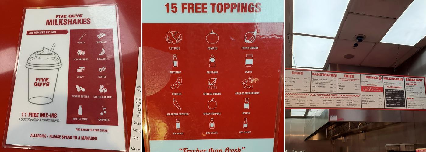 Five Guys Birmingham New St Station Menu