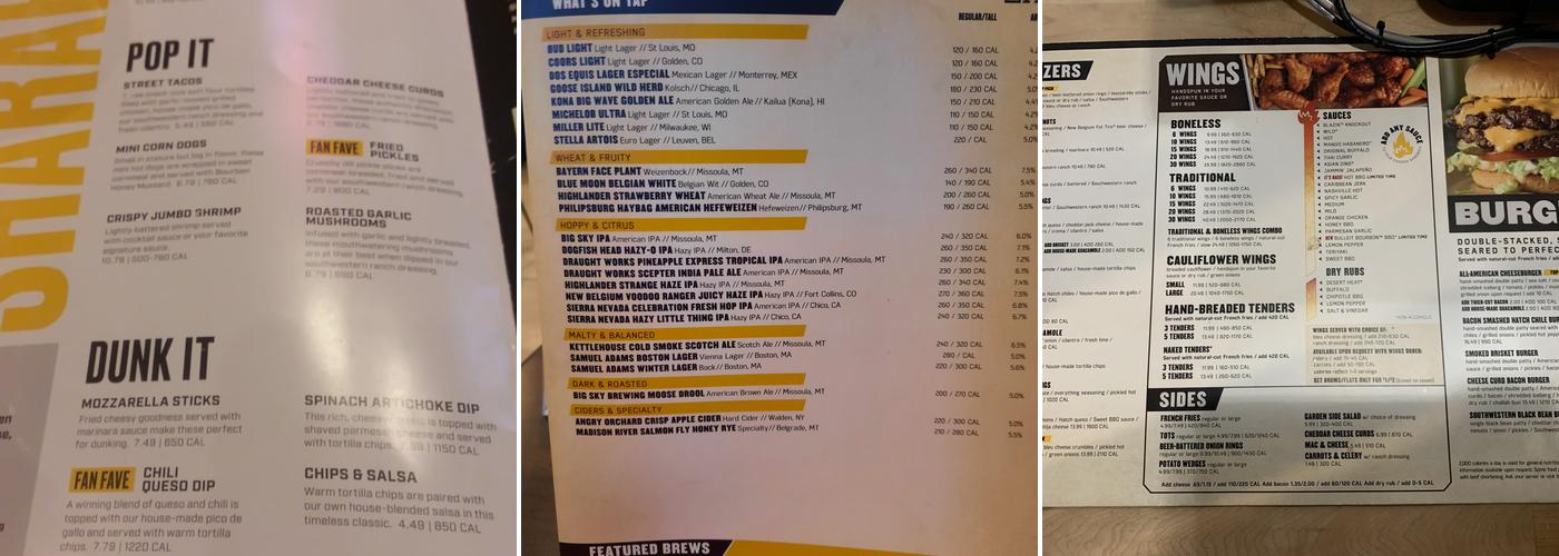 Buffalo Wild Wings Menu