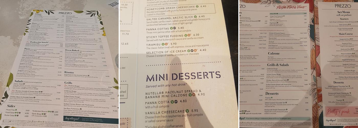 Prezzo Italian Restaurant Bournemouth West Central Menu