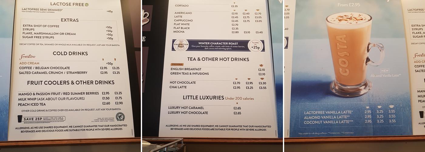 Costa Coffee Menu