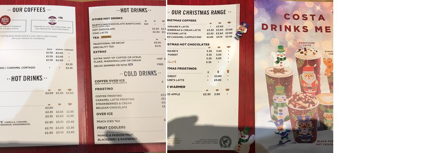 Costa Coffee Menu