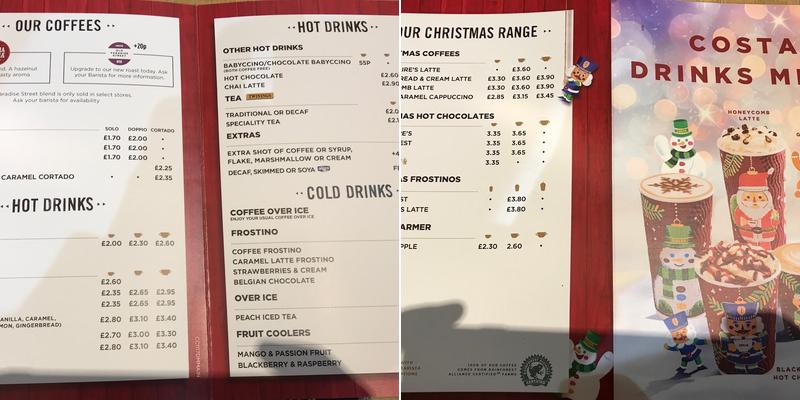 Costa Coffee Menu