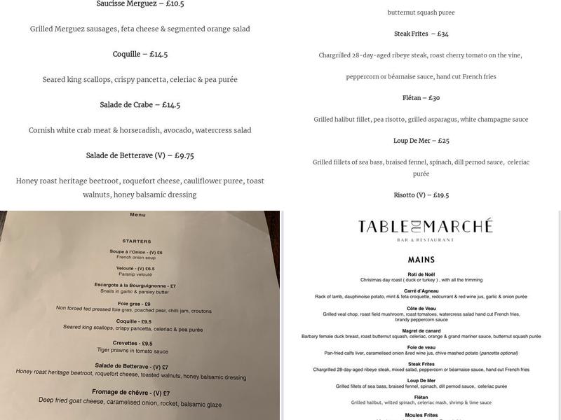 Table Du Marche Menu