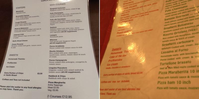 Bella Italia Menu