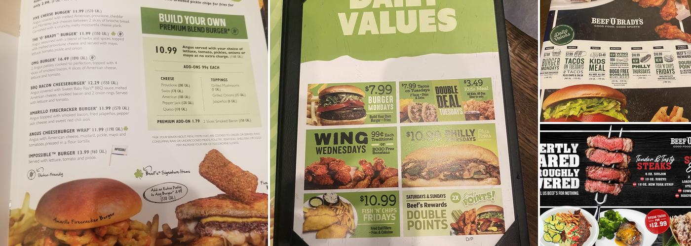 Beef 'O' Brady's Menu