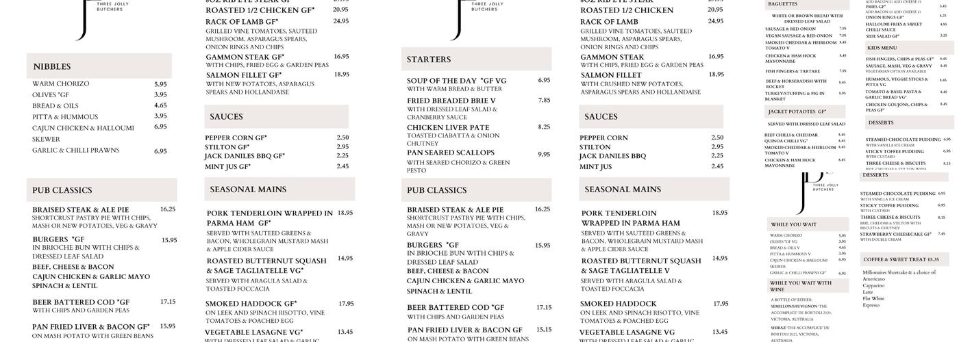The Three Jolly Butchers Menu