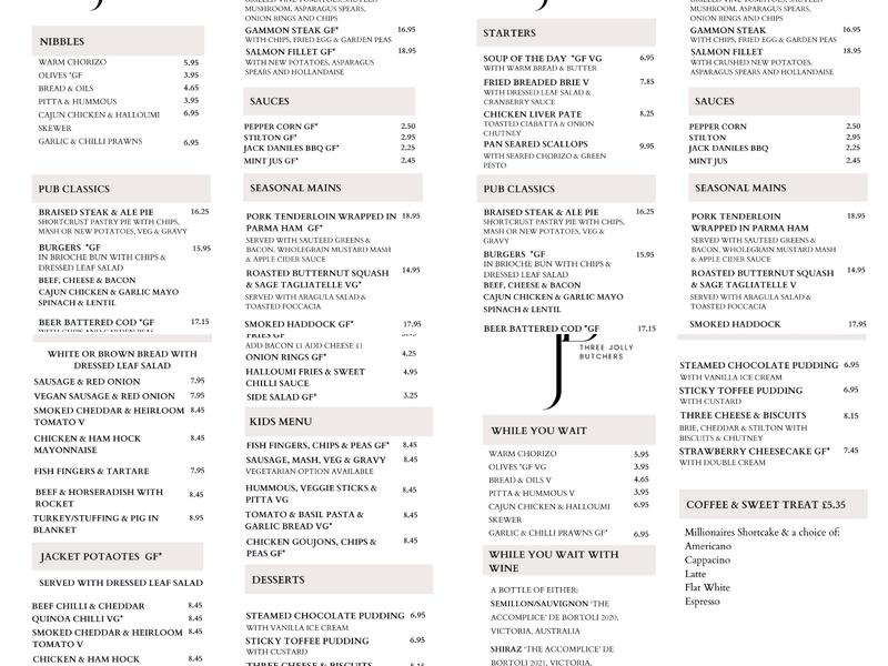 The Three Jolly Butchers Menu