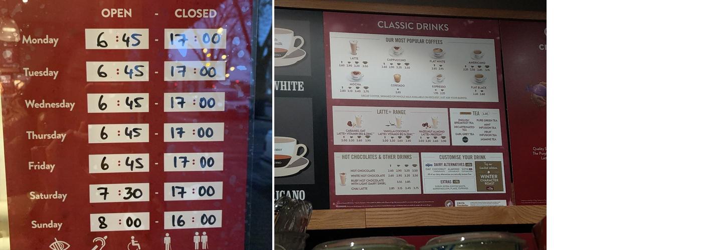 Costa Coffee Menu