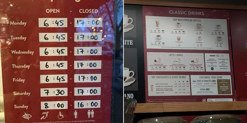 Costa Coffee Menu