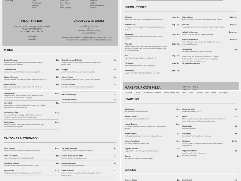 Zucca Bar & Pizzeria Menu