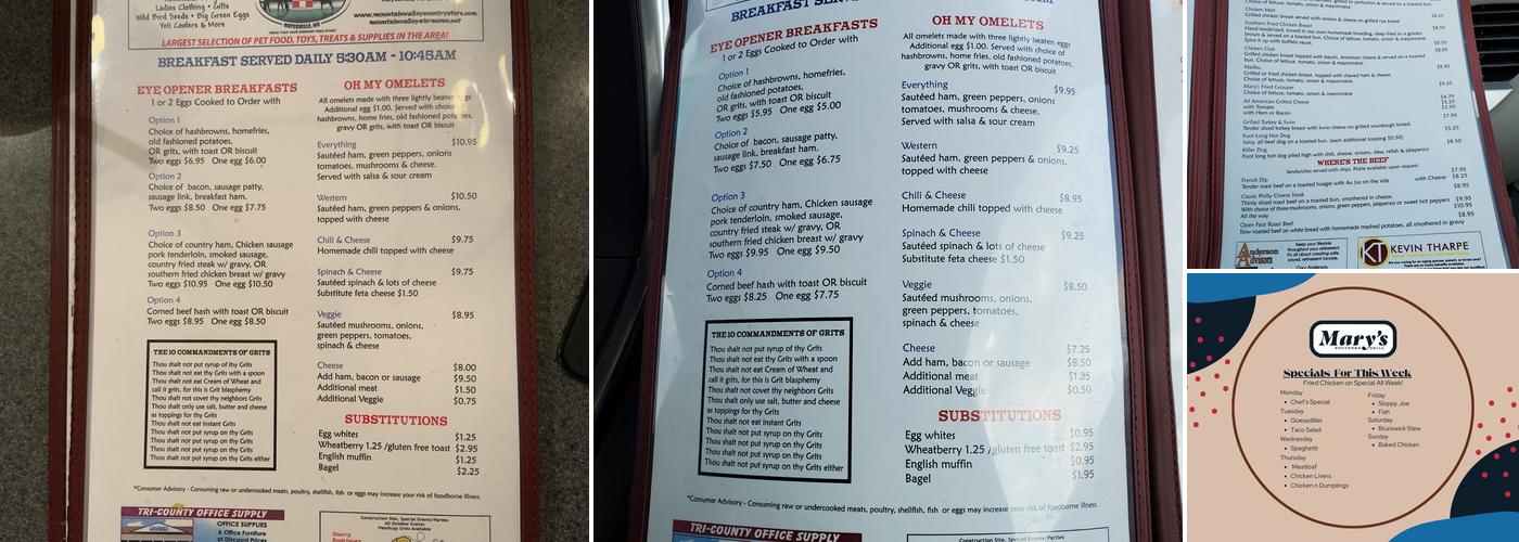 Mary's Southern Grill Menu