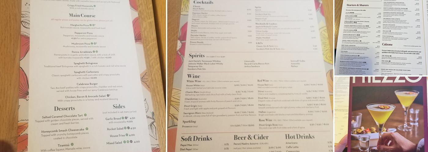 Prezzo Italian Restaurant Enfield Menu