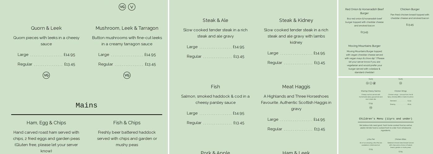 The Three Horseshoes Menu