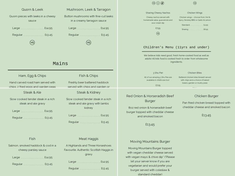 The Three Horseshoes Menu
