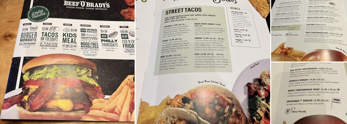 Beef 'O' Brady's Menu