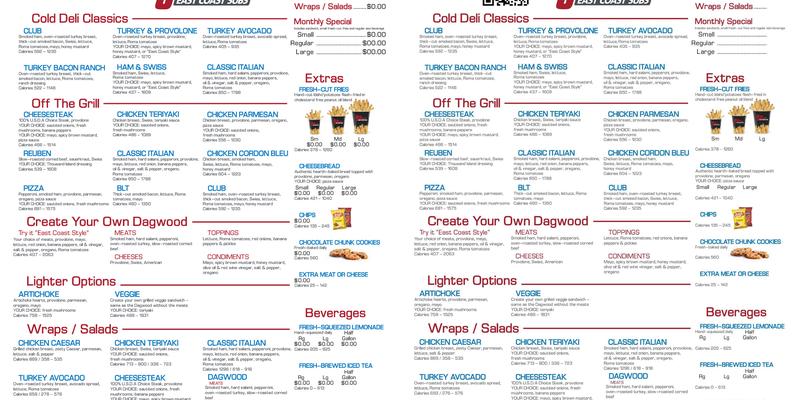 Penn Station East Coast Subs Menu