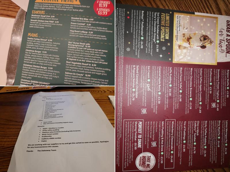 Dalesway Brewers Fayre Menu