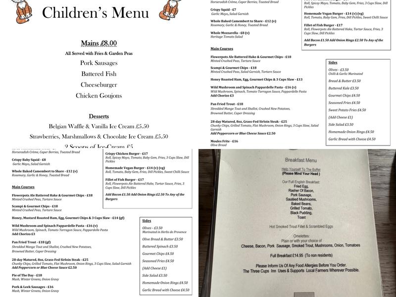 The Three Cups Inn Menu