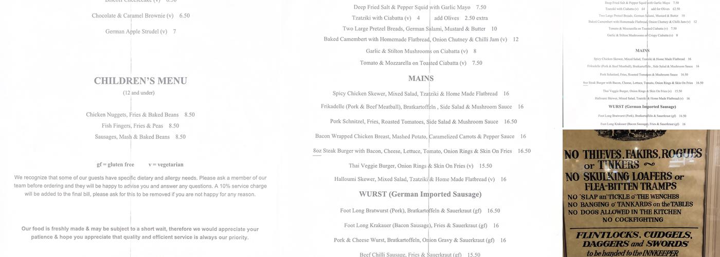 Three Pigeons Inn Menu