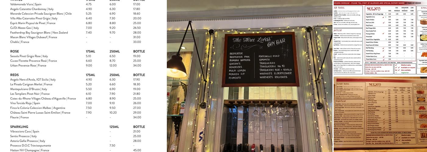 The Three Lords Menu