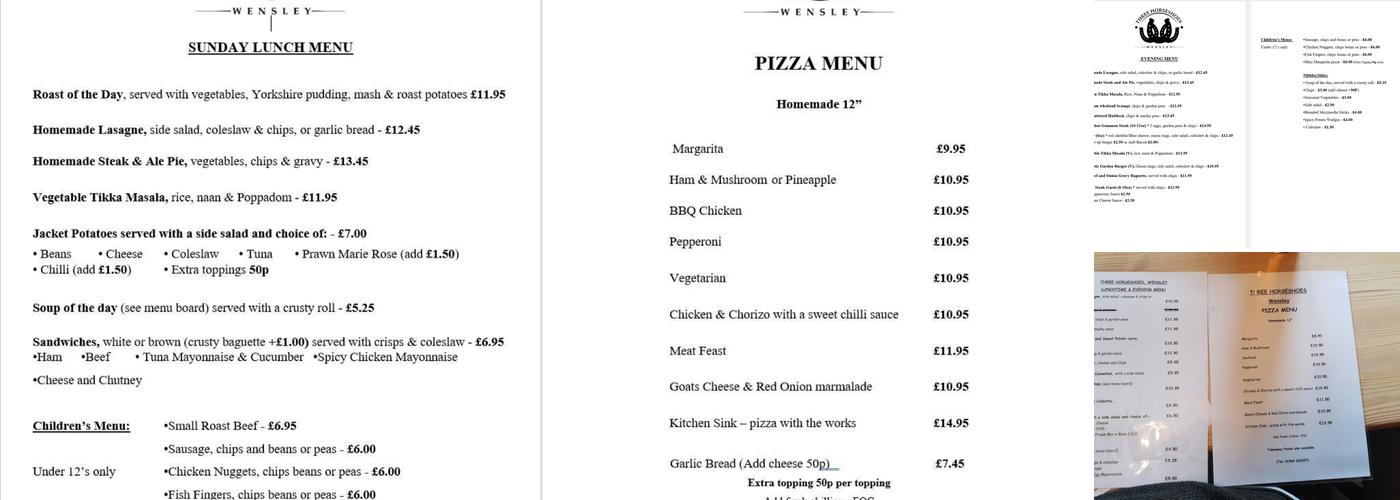 Three Horse Shoes Menu