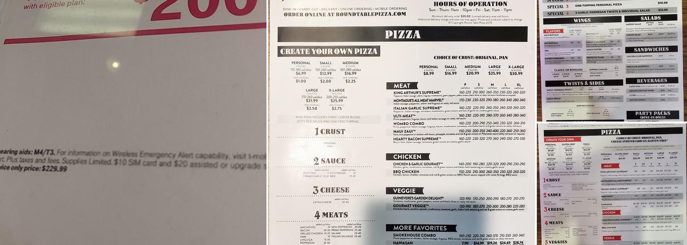 Round Table Pizza Menu