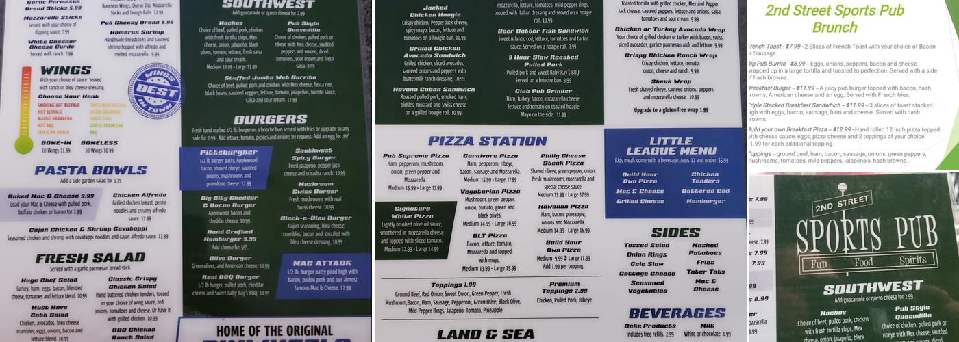 2nd Street Sports Pub Menu