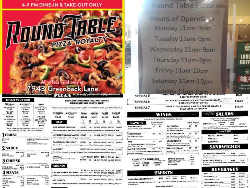 Round Table Pizza Menu