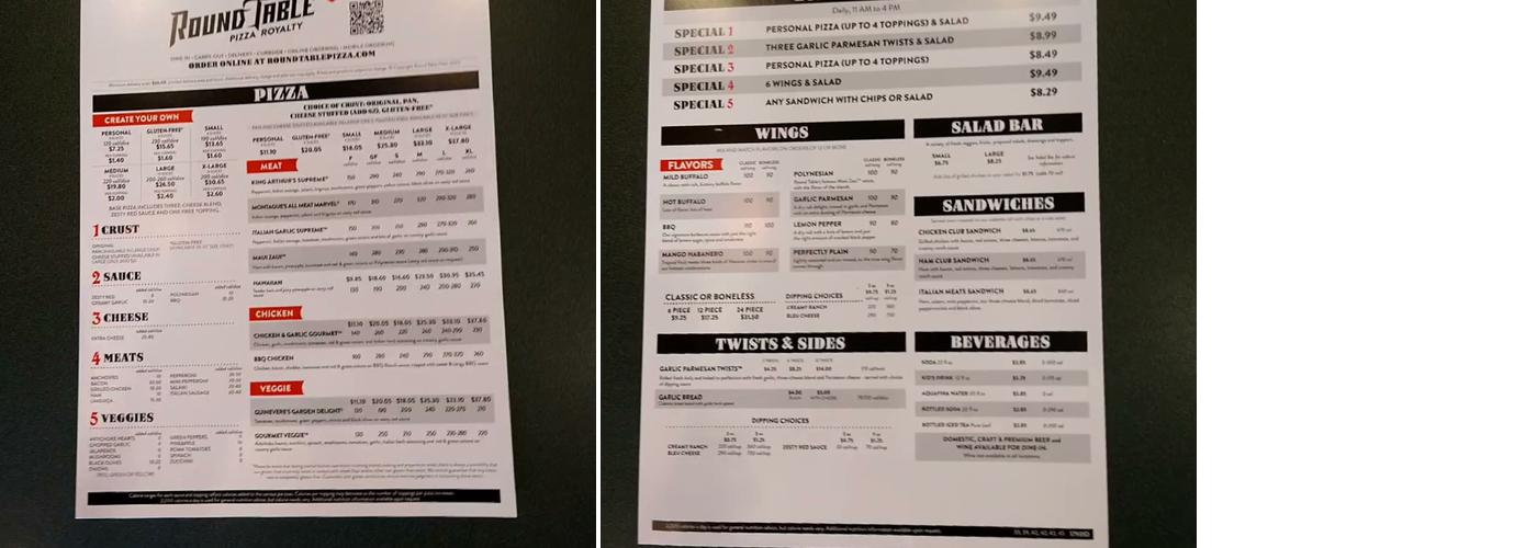 Round Table Pizza Menu