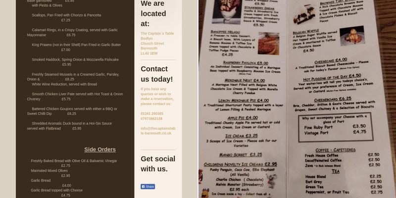 The Captain's Table Menu