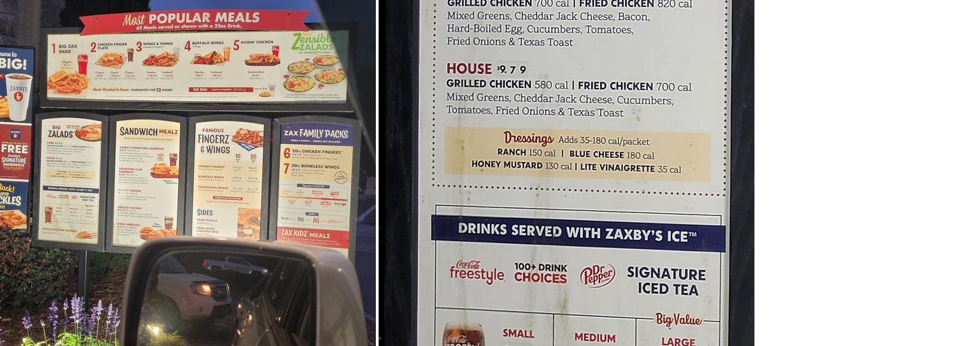 Zaxbys Chicken Fingers & Buffalo Wings Menu