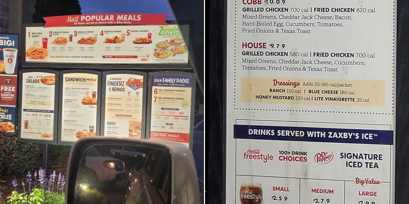 Zaxbys Chicken Fingers & Buffalo Wings Menu