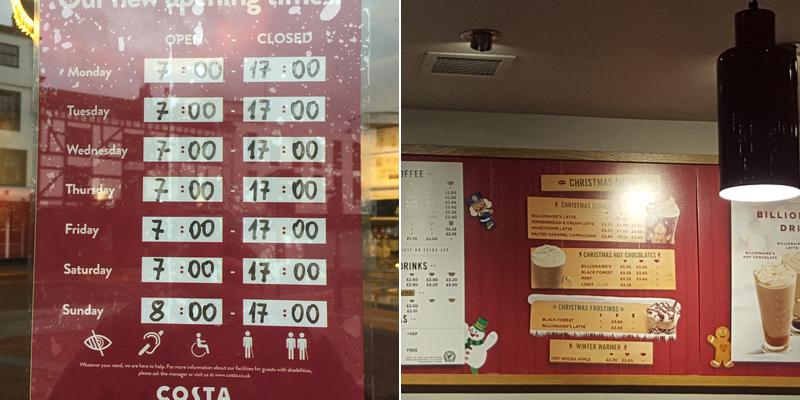 Costa Coffee Menu