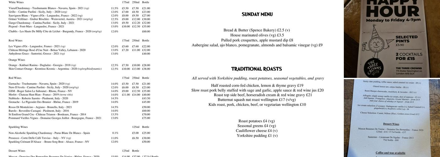 Three Crowns, Stoke Newington Menu