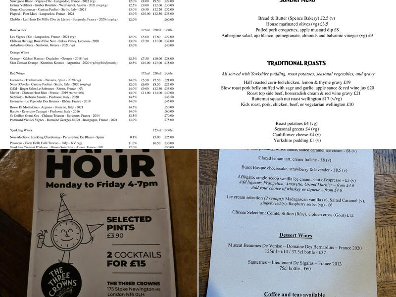 Three Crowns, Stoke Newington Menu