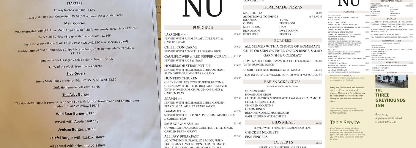 The Three Greyhounds Inn Menu