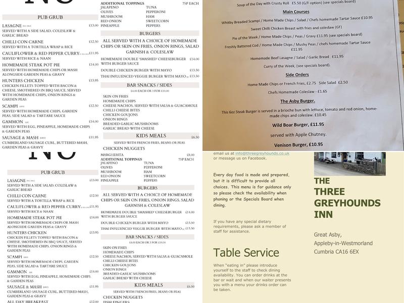The Three Greyhounds Inn Menu