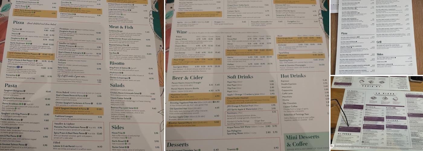 Prezzo Italian Restaurant York Menu